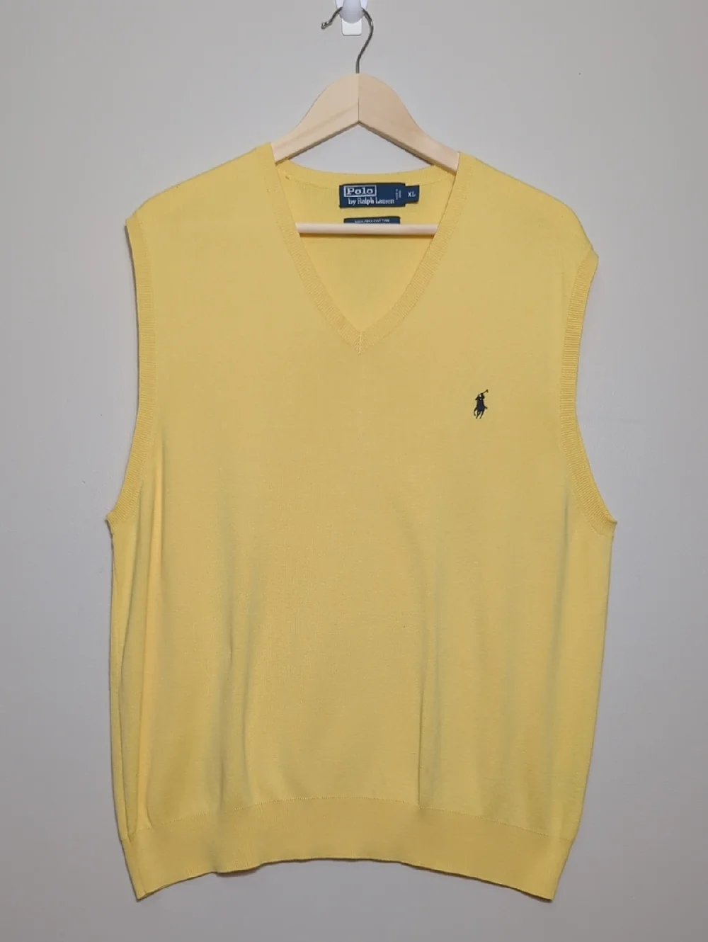 Vintage 90s Polo Ralph Lauren Yellow Pima Cotton Knit Sweater Vest Navy Pony XL‎